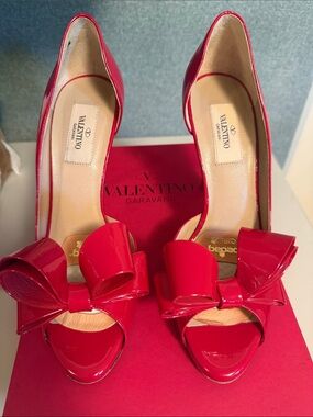 Valentino Garavani Red Patent Bow Peep-Toe Pumps